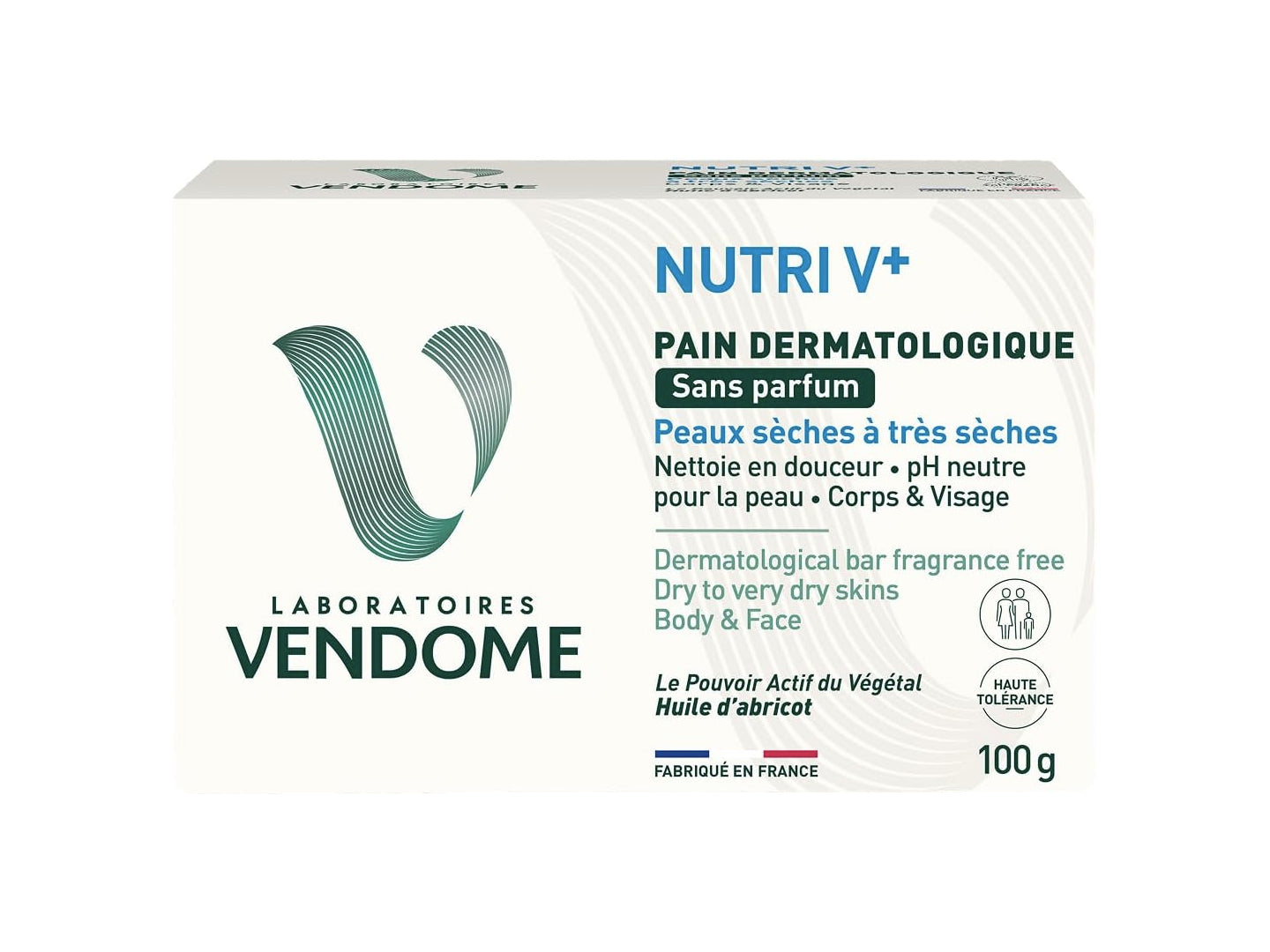 Pain dermatologique - Peaux sèches à très sèches - Sans Parfum - Nutri V+ Laboratoires Vendome - 100g